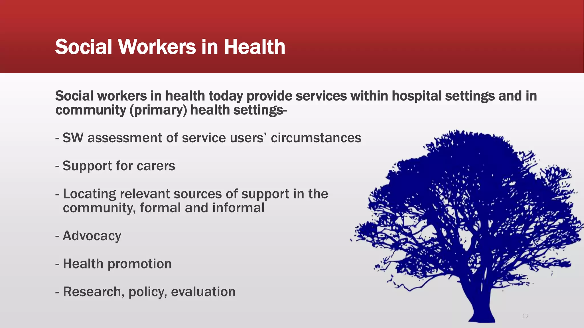 Social Workers in Health
Social workers in health today provide services within hospital settings and in
community (primary) health settings-
- SW assessment of service users’ circumstances
- Support for carers
- Locating relevant sources of support in the
community, formal and informal
- Advocacy
- Health promotion
- Research, policy, evaluation
19
 