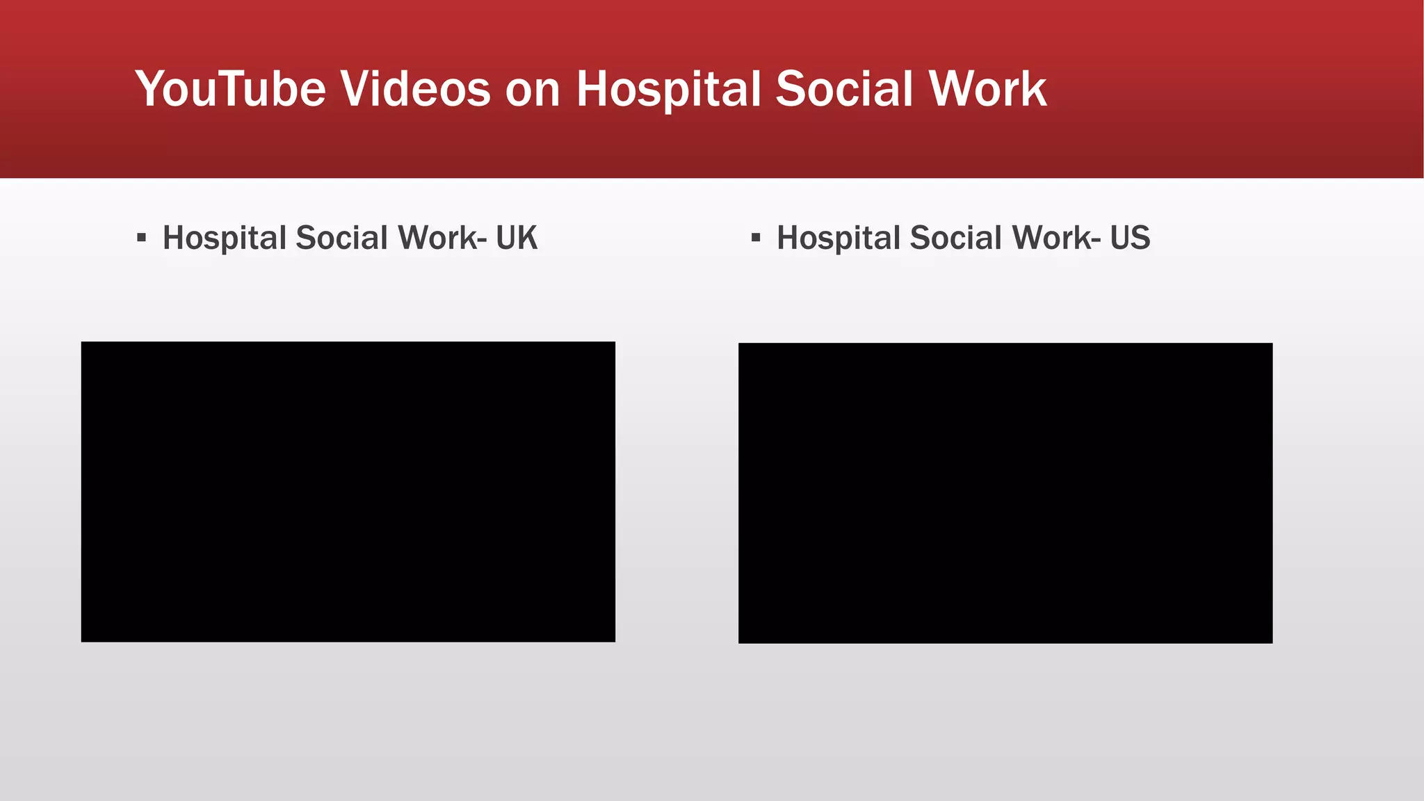 YouTube Videos on Hospital Social Work
▪ Hospital Social Work- UK ▪ Hospital Social Work- US
 
