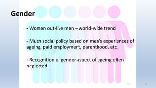 Gender
- Women out-live men – world-wide trend
- Much social policy based on men’s experiences of
ageing, paid employment, parenthood, etc.
- Recognition of gender aspect of ageing often
neglected.
1515
 