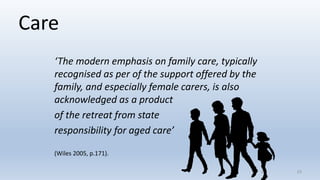 Care
‘The modern emphasis on family care, typically
recognised as per of the support offered by the
family, and especially female carers, is also
acknowledged as a product
of the retreat from state
responsibility for aged care’
(Wiles 2005, p.171).
2323
 
