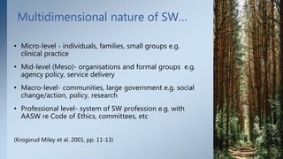 Multidimensional nature of SW…
• Micro-level - individuals, families, small groups e.g.
clinical practice
• Mid-level (Meso)- organisations and formal groups e.g.
agency policy, service delivery
• Macro-level- communities, large government e.g. social
change/action, policy, research
• Professional level- system of SW profession e.g. with
AASW re Code of Ethics, committees, etc
(Krogsrud Miley et al. 2001, pp. 11-13)
9
 