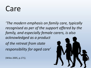 Care
‘The modern emphasis on family care, typically
recognised as per of the support offered by the
family, and especially female carers, is also
acknowledged as a product
of the retreat from state
responsibility for aged care’
(Wiles 2005, p.171).
2323
 