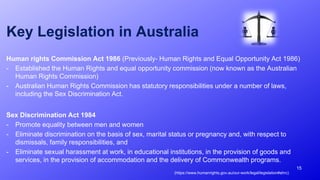 Key Legislation in Australia
Human rights Commission Act 1986 (Previously- Human Rights and Equal Opportunity Act 1986)
- Established the Human Rights and equal opportunity commission (now known as the Australian
Human Rights Commission)
- Australian Human Rights Commission has statutory responsibilities under a number of laws,
including the Sex Discrimination Act.
Sex Discrimination Act 1984
- Promote equality between men and women
- Eliminate discrimination on the basis of sex, marital status or pregnancy and, with respect to
dismissals, family responsibilities, and
- Eliminate sexual harassment at work, in educational institutions, in the provision of goods and
services, in the provision of accommodation and the delivery of Commonwealth programs.
(https://www.humanrights.gov.au/our-work/legal/legislation#ahrc)
15
 