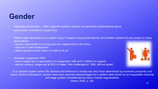 Gender
• Influences social policy – often supports women’s position as secondary (assumptions about
caring work, invisibility of unpaid work
• Welfare state developed as a system of gov’t support using social security and taxation systems & was based on these
assumptions:
- women responsible for caring work and unpaid work in the home
- men are in paid employment
- state supports women when no male to do so
• Harvester Judgement 1907
- men’s wages set on assumption of a dependent wife and 3 children to support
- women workers’ wages set at 50% of males’ (this challenged in 1958, still not equal)
In a capitalist system where life chances and influence in society are very much determined by economic prosperity and
labour market participation, women have been severely disadvantaged by a welfare state based on an inequitable industrial
and wage system characterised by labour market segmentation
(Alston 2005, p. 24).
21
 