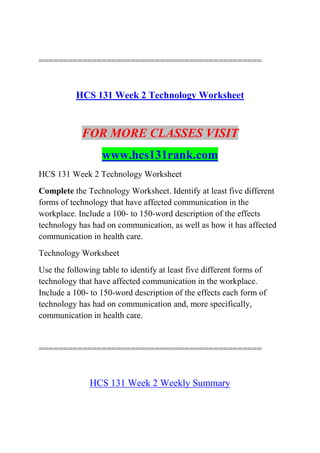 ==============================================
HCS 131 Week 2 Technology Worksheet
FOR MORE CLASSES VISIT
www.hcs131rank.com
HCS 131 Week 2 Technology Worksheet
Complete the Technology Worksheet. Identify at least five different
forms of technology that have affected communication in the
workplace. Include a 100- to 150-word description of the effects
technology has had on communication, as well as how it has affected
communication in health care.
Technology Worksheet
Use the following table to identify at least five different forms of
technology that have affected communication in the workplace.
Include a 100- to 150-word description of the effects each form of
technology has had on communication and, more specifically,
communication in health care.
==============================================
HCS 131 Week 2 Weekly Summary
 