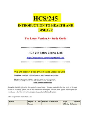 HCS/245
INTRODUCTION TO HEALTH AND
DISEASE
The Latest Version A+ Study Guide
**********************************************
HCS 245 Entire Course Link
https://uopcourses.com/category/hcs-245/
**********************************************
HCS 245 Week 1 Body Systems and Diseases Grid
Complete the Week 1 Body Systems and Diseases worksheet.
Click the Assignment Files tab to submit your assignment.
Body Systems and Diseases
Complete the table below for the required systems listed. You are required to list four to six of the main
organs of each body system, one or two sentences explaining the function of the system itself in your own
words, and a short list of five to six major diseases that afflict each system.
This assignment is due in Week One.
System Organs in the
System
Function of the System Major Diseases
Afflicting the System
 