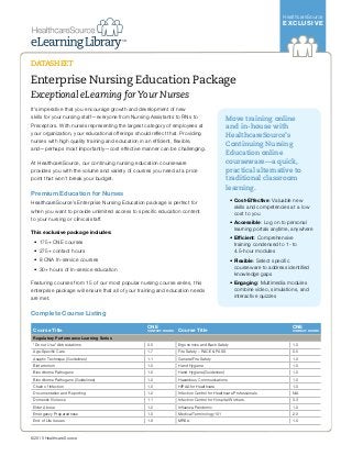 HealthcareSource
EXCLUSIVE
DATASHEET
©2015 HealthcareSource
It’s imperative that you encourage growth and development of new
skills for your nursing staff—everyone from Nursing Assistants to RNs to
Preceptors. With nurses representing the largest category of employees at
your organization, your educational offerings should reflect that. Providing
nurses with high quality training and education in an efficient, flexible,
and—perhaps most importantly—cost effective manner can be challenging.
At HealthcareSource, our continuing nursing education courseware
provides you with the volume and variety of courses you need at a price
point that won’t break your budget.
Premium Education for Nurses
HealthcareSource’s Enterprise Nursing Education package is perfect for
when you want to provide unlimited access to specific education content
to your nursing or clinical staff.
This exclusive package includes:
•	175+ CNE courses
•	275+ contact hours
•	8 CNA In-service courses
•	30+ hours of In-service education
Featuring courses from 15 of our most popular nursing course series, this
enterprise package will ensure that all of your training and education needs
are met.
Complete Course Listing
DATASHEET
Move training online
and in-house with
HealthcareSource’s
Continuing Nursing
Education online
courseware—a quick,
practical alternative to
traditional classroom
learning.
•	Cost-Effective: Valuable new
skills and competencies at a low
cost to you
•	Accessible: Log on to personal
learning portals anytime, anywhere
•	Efficient: Comprehensive
training condensed to 1- to
4.5-hour modules
•	Flexible: Select specific
courseware to address identified
knowledge gaps
•	Engaging: Multimedia modules
combine video, simulations, and
interactive quizzes
Course Title
CNE
CONTACT HOURS Course Title
CNE
CONTACT HOURS
Regulatory Performance Learning Series
"Do not Use" Abbreviations 0.5 Ergonomics and Back Safety 1.0
Age-Specific Care 1.7 Fire Safety – RACE & PASS 0.5
Aseptic Technique (Guidelines) 1.1 General Fire Safety 1.0
Bioterrorism 1.0 Hand Hygiene 1.0
Bloodborne Pathogens 1.0 Hand Hygiene (Guidelines) 1.0
Bloodborne Pathogens (Guidelines) 1.2 Hazardous Communications 1.0
Chain of Infection 1.0 HIPAA for Healthcare 1.0
Documentation and Reporting 1.2 Infection Control for Healthcare Professionals N/A
Domestic Violence 1.1 Infection Control for Hospital Workers 3.3
Elder Abuse 1.2 Influenza Pandemic 1.0
Emergency Preparedness 1.0 Medical Terminology 101 2.0
End of Life Issues 1.9 MRSA 1.0
Enterprise Nursing Education Package
Exceptional eLearning for Your Nurses
 