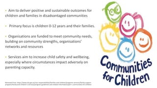  Aim to deliver positive and sustainable outcomes for
children and families in disadvantaged communities
 Primary focus is children 0-12 years and their families.
 Organisations are funded to meet community needs,
building on community strengths, organisations’
networks and resources
 Services aim to increase child safety and wellbeing,
especially where circumstances impact adversely on
parenting capacity.
Retrieved from: https://www.dss.gov.au/our-responsibilities/families-and-children/programs-services/family-support-
program/family-and-children-s-services/program-guidelines-and-related-information/part-c-communities-for-children
 