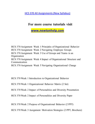 HCS 370 All Assignments (New Syllabus)
For more course tutorials visit
www.newtonhelp.com
HCS 370 Assignment Week 1 Principles of Organizational Behavior
HCS 370 Assignment Week 2 Navigating Employee Groups
HCS 370 Assignment Week 3 Use of Groups and Teams in an
Organization
HCS 370 Assignment Week 4 Impact of Organizational Structure and
Communication
HCS 370 Assignment Week 5 Navigating Organizational Change
HCS 370 Week 1 Introduction to Organizational Behavior
HCS 370 Week 1 Organizational Behavior Matrix (2 Set)
HCS 370 Week 2 Impact of Personalities and Diversity Presentation
HCS 370 Week 2 Impact of Personalities and Diversity Paper
HCS 370 Week 2 Purpose of Organizational Behavior (2 PPT)
HCS 370 Week 3 Assignment Motivation Strategies (2 PPT, Brochure)
 