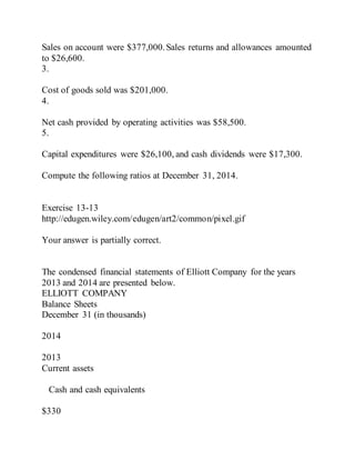 Sales on account were $377,000.Sales returns and allowances amounted
to $26,600.
3.
Cost of goods sold was $201,000.
4.
Net cash provided by operating activities was $58,500.
5.
Capital expenditures were $26,100, and cash dividends were $17,300.
Compute the following ratios at December 31, 2014.
Exercise 13-13
http://edugen.wiley.com/edugen/art2/common/pixel.gif
Your answer is partially correct.
The condensed financial statements of Elliott Company for the years
2013 and 2014 are presented below.
ELLIOTT COMPANY
Balance Sheets
December 31 (in thousands)
2014
2013
Current assets
Cash and cash equivalents
$330
 