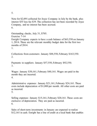5.
Note for $2,091 collected for Joyce Company in July by the bank, plus
interest $55 less fee $39. The collection has not been recorded by Joyce
Company, and no interest has been accrued.
6.
Outstanding checks, July 31, $705.
Exercise 7-14
Enright Company expects to have a cash balance of $63,550 on January
1, 2014. These are the relevant monthly budget data for the first two
months of 2014.
1.
Collections from customers: January $88,550, February $163,550.
2.
Payments to suppliers: January $57,550, February $92,550.
3.
Wages: January $30,161, February $40,161. Wages are paid in the
month they are incurred.
4.
Administrative expenses: January $21,161, February $24,161. These
costs include depreciation of $1,000 per month. All other costs are paid
as incurred.
5.
Selling expenses: January $15,161, February $20,161. These costs are
exclusive of depreciation. They are paid as incurred.
6.
Sales of short-term investments in January are expected to realize
$12,161 in cash. Enright has a line of credit at a local bank that enables
 