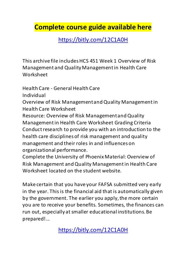 Hcs 451 week 1 overview of risk management and quality management in