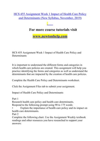 HCS 455 Assignment Week 1 Impact of Health Care Policy
and Determinants (New Syllabus, November, 2019)
For more course tutorials visit
www.newtonhelp.com
HCS 455 Assignment Week 1 Impact of Health Care Policy and
Determinants
It is important to understand the different forms and categories in
which health care policies are created. This assignment will help you
practice identifying the forms and categories as well as understand the
determinants that are impacted by the creation of health care policies.
Complete the Health Care Policy and Determinants worksheet.
Click the Assignment Files tab to submit your assignment.
Impact of Health Care Policy and Determinants
Part 1
Research health care policy and health care determinants.
Respond to the following prompt using 90 to 175 words:
• Explain the importance of health care policy and its impact on
health care determinants.
Part 2
Complete the following chart. Use the Assignment Weekly textbook
readings and other resources you have researched to support your
answers:
 