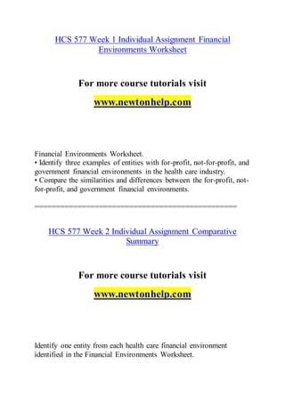 HCS 577 Week 1 Individual Assignment Financial
Environments Worksheet
For more course tutorials visit
www.newtonhelp.com
Financial Environments Worksheet.
• Identify three examples of entities with for-profit, not-for-profit, and
government financial environments in the health care industry.
• Compare the similarities and differences between the for-profit, not-
for-profit, and government financial environments.
===============================================
HCS 577 Week 2 Individual Assignment Comparative
Summary
For more course tutorials visit
www.newtonhelp.com
Identify one entity from each health care financial environment
identified in the Financial Environments Worksheet.
 