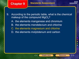 9. According to the periodic table, what is the chemical makeup of the compound MgCl 2 ? A. the elements manganese and chromium B. the elements mendelevium and chlorine C. the elements magnesium and chlorine D. the elements molybdenum and carbon Chapter 9 Standards Assessment 