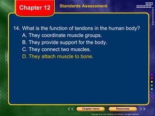 14. What is the function of tendons in the human body? A. They coordinate muscle groups. B. They provide support for the body. C. They connect two muscles. D. They attach muscle to bone. Chapter 12 Standards Assessment 