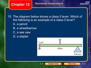 15. The diagram below shows a class-3 lever. Which of the following is an example of a class-3 lever? A. a pencil B. a wheelbarrow C. a see saw D. a stapler Chapter 12 Standards Assessment 