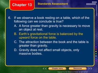 6. If we observe a book resting on a table, which of the following can we conclude is true? A. A force greater than gravity is necessary to move an object at rest. B. Earth’s gravitational force is balanced by the upward force on the table. C. The attraction between the book and the table is greater than gravity. D. Gravity does not affect small objects, only massive bodies. Chapter 13 Standards Assessment 