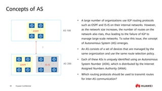 Huawei Confidential
39
Concepts of AS
AS 100
AS 200
• A large number of organizations use IGP routing protocols
such as OSPF and IS-IS on their internal networks. However,
as the network size increases, the number of routes on the
network also rises, thus leading to the failure of IGP to
manage large-scale networks. To solve this issue, the concept
of Autonomous System (AS) emerges.
• An AS consists of a set of devices that are managed by the
same organization and use the same route selection policy.
• Each of these ASs is uniquely identified using an Autonomous
System Number (ASN), which is distributed by the Internet
Assigned Numbers Authority (IANA).
• Which routing protocols should be used to transmit routes
for inter-AS communication?
?
...
...
OSPF
IS-IS
...
...
...
OSPF
...
 