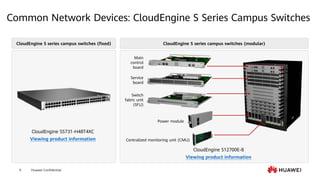 Huawei Confidential
9
Common Network Devices: CloudEngine S Series Campus Switches
CloudEngine S series campus switches (fixed) CloudEngine S series campus switches (modular)
CloudEngine S5731-H48T4XC
Viewing product information
CloudEngine S12700E-8
Viewing product information
Main
control
board
Service
board
Switch
fabric unit
(SFU)
Power module
Centralized monitoring unit (CMU)
 