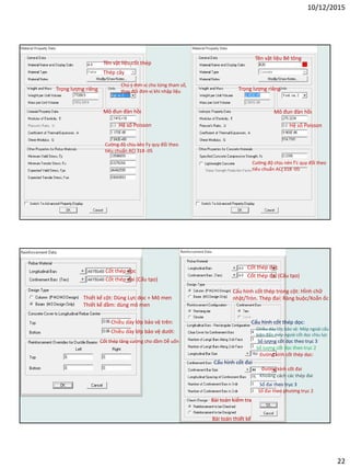 10/12/2015
22
Tên vật liệu cốt thép
Thép cây
Trọng lượng riêng
Chú ý đơn vị cho từng tham số,
thay đổi đơn vị khi nhập liệu
Mô đun đàn hồi
Cường độ chịu kéo Fy quy đổi theo
tiêu chuẩn ACI 318 -05
Tên vật liệu Bê tông
Trọng lượng riêng
Cường độ chịu nén f’c quy đổi theo
tiêu chuẩn ACI 318 -05
Hệ số Poisson
Mô đun đàn hồi
Hệ số Poisson
Cốt thép dọc
Cốt thép đai (Cấu tạo)
Chiều dày lớp bảo vệ trên:
Chiều dày lớp bảo vệ dưới:
Cốt thép tăng cường cho dầm Dễ uốn
Cốt thép dọc
Cốt thép đai (Cấu tạo)
Thiết kế cột: Dùng Lực dọc + Mô men
Thiết kế dầm: dùng mô men
Cấu hình cốt thép trong cột: HÌnh chữ
nhật/Tròn. Thép đai: Ràng buộc/Xoắn ốc
Cấu hình cốt thép dọc:
Chiều dày lớp bảo vệ: Mép ngoài cấu
kiện đến mép ngoài cốt dọc chịu lực
Số lượng cốt dọc theo trục 3
Số lượng cốt dọc theo trục 2
Đường kính cốt thép dọc:
Cấu hình cốt đai
Đường kính cốt đai
Khoảng cách các thép đai
Số đai theo trục 3
Số đai theo phương trục 2
Bài toán kiểm tra
Bài toán thiết kế
 