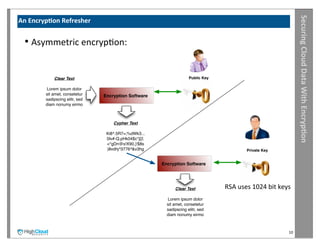 Securing	
  Cloud	
  Data	
  With	
  Encryp?on
An	
  Encryp?on	
  Refresher


  •	
  Asymmetric	
  encrypIon:

              Clear Text                                               Public Key

          Lorem ipsum dolor
          sit amet, consetetur    Encryption Software
          sadipscing elitr, sed
          diam nonumy eirmo



                                      Cypher Text

                                   Ki8^.5R7=;%dWk3...
                                   0lv#-Q,pHk04$c*j[2.
                                   <*gDn@s!X90,}'$8s
                                   )8vdhj^3776^&v3hg                                           Private Key


                                                         Encryption Software




                                                               Clear Text           RSA	
  uses	
  1024	
  bit	
  keys
                                                           Lorem ipsum dolor
                                                           sit amet, consetetur
                                                           sadipscing elitr, sed
                                                           diam nonumy eirmo



                                                                                                                     10
 