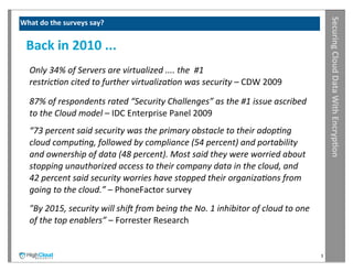 Securing	
  Cloud	
  Data	
  With	
  Encryp?on
What	
  do	
  the	
  surveys	
  say?


  Back	
  in	
  2010	
  ...
   Only	
  34%	
  of	
  Servers	
  are	
  virtualized	
  ....	
  the	
  	
  #1	
  
   restric;on	
  cited	
  to	
  further	
  virtualiza;on	
  was	
  security	
  –	
  CDW	
  2009

   87%	
  of	
  respondents	
  rated	
  “Security	
  Challenges”	
  as	
  the	
  #1	
  issue	
  ascribed	
  
   to	
  the	
  Cloud	
  model	
  –	
  IDC	
  Enterprise	
  Panel	
  2009
   “73	
  percent	
  said	
  security	
  was	
  the	
  primary	
  obstacle	
  to	
  their	
  adop;ng	
  
   cloud	
  compu;ng,	
  followed	
  by	
  compliance	
  (54	
  percent)	
  and	
  portability	
  
   and	
  ownership	
  of	
  data	
  (48	
  percent).	
  Most	
  said	
  they	
  were	
  worried	
  about	
  
   stopping	
  unauthorized	
  access	
  to	
  their	
  company	
  data	
  in	
  the	
  cloud,	
  and	
  
   42	
  percent	
  said	
  security	
  worries	
  have	
  stopped	
  their	
  organiza;ons	
  from	
  
   going	
  to	
  the	
  cloud.”	
  –	
  PhoneFactor	
  survey
   "By	
  2015,	
  security	
  will	
  shiO	
  from	
  being	
  the	
  No.	
  1	
  inhibitor	
  of	
  cloud	
  to	
  one	
  
   of	
  the	
  top	
  enablers”	
  –	
  Forrester	
  Research


                                                                                                                               3
 