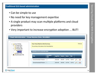 Securing	
  Cloud	
  Data	
  With	
  Encryp?on
Tradi?onal	
  GUI-­‐based	
  administra?on


    •	
  Can	
  be	
  simple	
  to	
  use
    •	
  No	
  need	
  for	
  key	
  management	
  experIse
    • A	
  single	
  product	
  may	
  scan	
  mulIple	
  plauorms	
  and	
  cloud	
  
         providers
    • Very	
  important	
  to	
  increase	
  encrypIon	
  adopIon	
  ...	
  BUT!




                                                                                         34
 