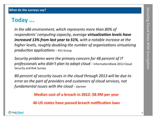 Securing	
  Cloud	
  Data	
  With	
  Encryp?on
What	
  do	
  the	
  surveys	
  say?


  Today	
  ...
     In	
  the	
  x86	
  environment,	
  which	
  represents	
  more	
  than	
  80%	
  of	
  
     respondents'	
  compu;ng	
  capacity,	
  average	
  virtualiza)on	
  levels	
  have	
  
     increased	
  13%	
  from	
  last	
  year	
  to	
  51%,	
  with	
  a	
  notable	
  increase	
  at	
  the	
  
     higher	
  levels,	
  roughly	
  doubling	
  the	
  number	
  of	
  organiza;ons	
  virtualizing	
  
     produc;on	
  applica;ons	
  -­‐	
  451	
  Group
     Security	
  problems	
  were	
  the	
  primary	
  concern	
  for	
  48	
  percent	
  of	
  IT	
  
     professionals	
  who	
  didn’t	
  plan	
  to	
  adopt	
  cloud	
  -­‐	
  InformaIonWeek	
  2012	
  Cloud	
  
     Security	
  and	
  Risk	
  Survey

     80	
  percent	
  of	
  security	
  issues	
  in	
  the	
  cloud	
  through	
  2013	
  will	
  be	
  due	
  to	
  
     error	
  on	
  the	
  part	
  of	
  providers	
  and	
  customers	
  of	
  cloud	
  services,	
  not	
  
     fundamental	
  issues	
  with	
  the	
  cloud	
  -­‐	
  Gartner
                         Median	
  cost	
  of	
  a	
  breach	
  in	
  2012:	
  $8.9M	
  per	
  year
                        46	
  US	
  states	
  have	
  passed	
  breach	
  no?ﬁca?on	
  laws

                                                                                                                         4
 
