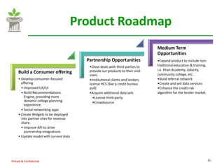 Product Roadmap
                                                                                Medium Term
                                                                                Opportunities
                                          Partnership Opportunities             •Expand product to include non-
                                           •Close deals with third-parties to   traditional education & training,
                                           provide our products to their end-   i.e. Khan Academy, Udacity,
     Build a Consumer offering                                                  community college, etc.
                                           users
     • Develop consumer-focused            •Institutional clients and lenders   •Build referral network
       offering                            license HCS (like a credit bureau    •Create and sell data services
       • Improved UX/UI                    pull)                                •Enhance the credit risk
       • Build Recommendations             •Acquire additional data sets        algorithm for the lender market.
         Engine, providing more               •License third-party
         dynamic college planning             •Crowdsource
         experience.
       • Social networking apps
     • Create Widgets to be deployed
       into partner sites for revenue
       share.
       • Improve API to drive
         partnership integrations
     • Update model with current data




Private & Confidential                                                                                              11
 