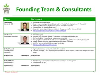 Founding Team & Consultants
Name                                     Background
Tom Shelton                              •   Founder & CEO People Capital
Founder & CEO                            •   Serial entrepreneur CyberStream Solutions, Strive Medical Technologies, Jeremy's Microbatch
                                         •   VP Strategy & Operations, MyRichUncle (private student loan provider)
                                         •   Co-inventor of the Human Capital Score™
                                         •   Majored in Economics, with a concentration in Management, at The Wharton School
                                         •   http://www.linkedin.com/pub/thomas-shelton/a/607/188

Alan Samuels                             •   CEO of Clearpath
Co-Founder, Consultant                   •   Executive Vice President, Strategy & Operations at GrubHub.com Dotmenu, Inc
                                         •   Co-Founder & EVP People Capital. Led development of HCS
                                         •   Managing Director, Global Product Development, Fitch Ratings, VP, Standard & Poor's/McGraw-Hill
                                         •   Former strategy consultant at Arthur Andersen and Gemini Consulting
                                         •   MBA The Wharton School, BA University of Cambridge
                                         •   http://www.linkedin.com/in/alansamuels

Prof. @ Harvard                          •   Higher education economist and world leading academic
Senior Academic                          •   Currently leading HCS R&D. Improving and expanding the HCS to address a wider range of higher education
Consultant                                   issues

CONFIDENTIAL              CONFIDENTIAL   CONFIDENTIAL


Prof. @ Wharton                          •   World leading academic in the field of labor, insurance and risk management
Co-Inventor HCS                          •   Co-inventor of the HCS

CONFIDENTIAL              CONFIDENTIAL   CONFIDENTIAL



 Private & Confidential                                                                                                                            3
 