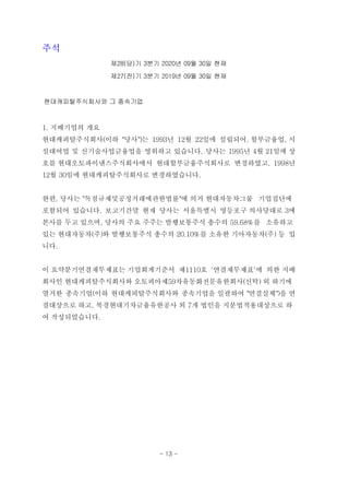 주석
제28(당)기 3분기 2020년 09월 30일 현재
제27(전)기 3분기 2019년 09월 30일 현재
현대캐피탈주식회사와 그 종속기업
1. 지배기업의 개요
현대캐피탈주식회사(이하 "당사")는 1993년 12월 22일에 설립되어, 할부금융업, 시
설대여업 및 신기술사업금융업을 영위하고 있습니다. 당사는 1995년 4월 21일에 상
호를 현대오토파이낸스주식회사에서 현대할부금융주식회사로 변경하였고, 1998년
12월 30일에 현대캐피탈주식회사로 변경하였습니다.
한편, 당사는 "독점규제및공정거래에관한법률"에 의거 현대자동차그룹 기업집단에
포함되어 있습니다. 보고기간말 현재 당사는 서울특별시 영등포구 의사당대로 3에
본사를 두고 있으며, 당사의 주요 주주는 발행보통주식 총수의 59.68%를 소유하고
있는 현대자동차(주)와 발행보통주식 총수의 20.10%를 소유한 기아자동차(주) 등 입
니다.
이 요약분기연결재무제표는 기업회계기준서 제1110호 '연결재무제표'에 의한 지배
회사인 현대캐피탈주식회사와 오토피아제59차유동화전문유한회사(신탁) 외 하기에
열거한 종속기업(이하 현대캐피탈주식회사와 종속기업을 일괄하여 "연결실체")을 연
결대상으로 하고, 북경현대기차금융유한공사 외 7개 법인을 지분법적용대상으로 하
여 작성되었습니다.
- 13 -
 