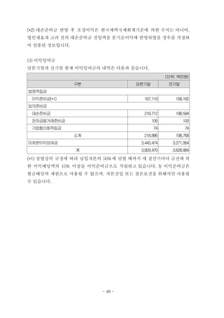 (*2) 대손준비금 반영 후 조정이익은 한국채택국제회계기준에 의한 수치는 아니며,
법인세효과 고려 전의 대손준비금 전입액을 분기순이익에 반영하였을 경우를 가정하
여 산출된 정보입니다.
(3) 이익잉여금
당분기말과 전기말 현재 이익잉여금의 내역은 다음과 같습니다.
(단위: 백만원)
구분 당분기말 전기말
법정적립금
　이익준비금(*1) 167,110 158,162
임의준비금
　대손준비금 218,712 198,594
　전자금융거래준비금 100 100
　기업합리화적립금 74 74
소계 218,886 198,768
미처분이익잉여금 3,443,474 3,271,954
계 3,829,470 3,628,884
(*1) 상법상의 규정에 따라 납입자본의 50%에 달할 때까지 매 결산기마다 금전에 의
한 이익배당액의 10% 이상을 이익준비금으로 적립하고 있습니다. 동 이익준비금은
현금배당의 재원으로 사용될 수 없으며, 자본전입 또는 결손보전을 위해서만 사용될
수 있습니다.
- 48 -
 