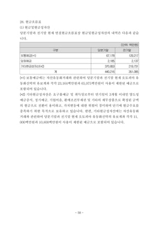 28. 현금흐름표
(1) 현금및현금성자산
당분기말과 전기말 현재 연결현금흐름표상 현금및현금성자산의 내역은 다음과 같습
니다.
(단위: 백만원)
구분 당분기말 전기말
보통예금(*1) 67,178 129,217
당좌예금 2,185 2,137
기타현금성자산(*2) 370,853 219,731
계 440,216 351,085
(*1) 보통예금에는 자산유동화거래와 관련하여 당분기말과 전기말 현재 오토피아 유
동화신탁의 유보계좌 각각 23,164백만원과 65,975백만원이 사용이 제한된 예금으로
포함되어 있습니다.
(*2) 기타현금성자산은 요구불예금 및 취득일로부터 만기일이 3개월 이내인 양도성
예금증서, 정기예금, 기업어음, 환매조건부채권 및 기타의 채무상품으로 확정된 금액
의 현금으로 전환이 용이하고, 가치변동에 대한 위험이 경미하며 단기에 현금수요를
충족하기 위한 목적으로 보유하고 있습니다. 한편, 기타현금성자산에는 자산유동화
거래와 관련하여 당분기말과 전기말 현재 오토피아 유동화신탁의 유보계좌 각각 11,
000백만원과 10,800백만원이 사용이 제한된 예금으로 포함되어 있습니다.
- 58 -
 
