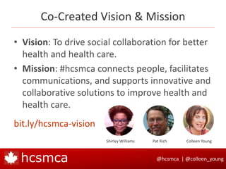 @hcsmca | @colleen_younghcsmca
• Vision: To drive social collaboration for better
health and health care.
• Mission: #hcsmca connects people, facilitates
communications, and supports innovative and
collaborative solutions to improve health and
health care.
bit.ly/hcsmca-vision
Co-Created Vision & Mission
Shirley Williams Colleen YoungPat Rich
 