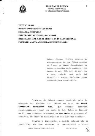 TRIBUNAL DE JUSTIÇA
                                        ESTADO DE SÃO PAULO
                                 16a Câmara de Direito Criminal




VOTON°: 10.404
HABEAS CORPUS N°: 0154359-25.2011
COMARCA: SÃO PAULO
IMPETRANTE: ANTÔNIO LUIZ CAMPOS
IMPETRADO: M.M. JUIZ DE DIREITO DA 23a VARA CRIMINAL
PACIENTE: MARTA APARECIDA BENEDICTO MOTA




                                     Habeas       Corpus.      Tráfico          ilícito        de
                                    entorpecentes.           Ré com filhos                menores
                                    de    6 anos     de idade.           Substituição         da
                                    prisão      preventiva        pela      domiciliar        nos
                                     termos     do art.      318,    III,      do CPP, com
                                    a      nova      redação         dada        pela         Lei
                                     12.403/11       -    Liminar        deferida.         Ordem
                                     concedida     para           convalidá-la.




                Trata-se       de    habeas        corpus         impetrado          pelo     I.
Advogado     Dr.     ANTÔNIO        LUIZ        CAMPOS       em     favor        de       MARTA
APARECIDA        BENEDICTO           MOTA,          que        estaria               sofrendo
constrangimento ilegal por parte do M.M. Juizo de Direito
da 23 a Vara Criminal da Comarca de São Paulo no processo n°
501/2011, em razão da manutenção de sua custódia cautelar.

                Segundo o impetrante, a medida extrema não se
justifica,      eis      que     ausentes          os     pressupostos               a      tanto
           HABEAS CORPUS N° : 0154359-25.2011                     VOTO N° 10.404

                                                                                               ^
 