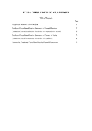 HYUNDAI CAPITAL SERVICES, INC. AND SUBSIDIARIES
Table of Contents
Page
Independent Auditors’ Review Report 1
Condensed Consolidated Interim Statements of Financial Position 3
Condensed Consolidated Interim Statements of Comprehensive Income 5
Condensed Consolidated Interim Statements of Changes in Equity 7
Condensed Consolidated Interim Statements of Cash Flows 8
Notes to the Condensed Consolidated Interim Financial Statements 9
 