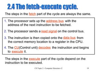 2.4 The fetch-execute cycle.  The steps in the  fetch  part of the cycle are always the same. 1.  The processor sets up the  with the address of the next instruction to be fetched. 2.  The processor sends a  on the control bus. 3.  The instruction is then copied onto the  from the correct memory location to a register in the CPU. 4.  The  CU (Control unit)  the instruction and begins to  it. address bus read signal The steps in the  execute  part of the cycle depend on the instruction to be executed. data bus decodes execute 