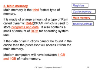 Registers Cache memory Main memory Backing storage 3. Main memory Main memory is the  third  fastest type of memory. It is made of a large amount of a type of Ram called dynamic  RAM (DRAM) which is used to store  programs and data .  It also contains a small of amount of  ROM  for operating system use. If the data or instructions cannot be found in the cache then the processor will access it from the main memory. Modern computers will have between  1 GB and 4GB  of main memory. 