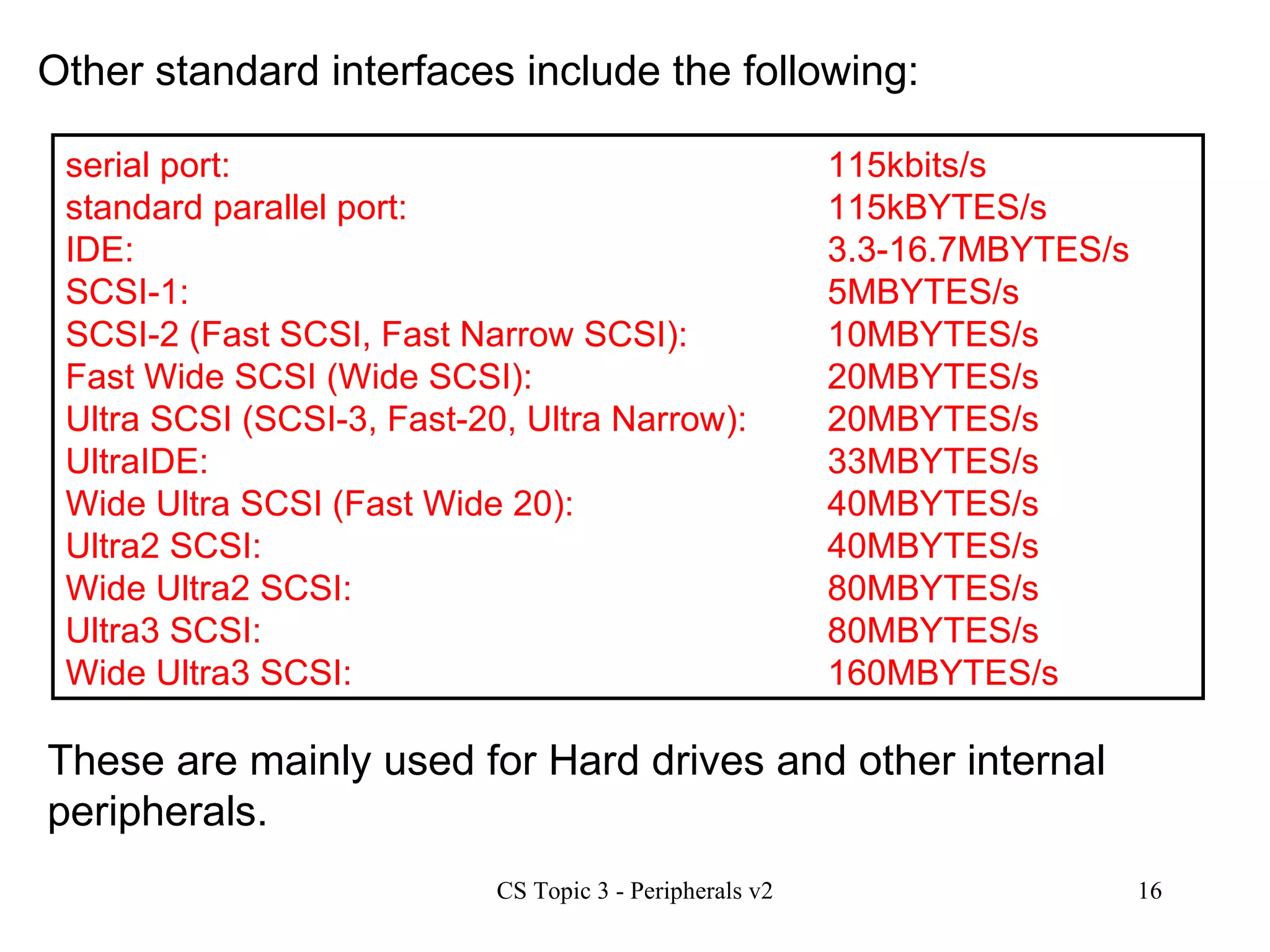 serial port:  115kbits/s  standard parallel port:  115kBYTES/s  IDE:  3.3-16.7MBYTES/s SCSI-1:  5MBYTES/s SCSI-2 (Fast SCSI, Fast Narrow SCSI):  10MBYTES/s Fast Wide SCSI (Wide SCSI):  20MBYTES/s Ultra SCSI (SCSI-3, Fast-20, Ultra Narrow):  20MBYTES/s UltraIDE:  33MBYTES/s Wide Ultra SCSI (Fast Wide 20):  40MBYTES/s Ultra2 SCSI:  40MBYTES/s Wide Ultra2 SCSI:  80MBYTES/s Ultra3 SCSI:  80MBYTES/s Wide Ultra3 SCSI:  160MBYTES/s Other standard interfaces include the following: These are mainly used for Hard drives and other internal peripherals. 