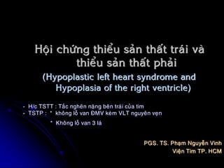 Hoäi chöùng thieåu saûn thaát traùi vaø
thieåu saûn thaát phaûi
(Hypoplastic left heart syndrome and
Hypoplasia of the right ventricle)
- H/c TSTT : Taéc ngheõn naëng beân traùi cuûa tim
- TSTP : * khoâng loã van ÑMV keøm VLT nguyeân veïn
* Khoâng loã van 3 laù
PGS. TS. Phaïm Nguyeãn Vinh
Vieän Tim TP. HCM
 