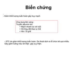 Biến chứng
.
- Giảm khối lượng tuần hoàn gây trụy mạch
Ứng dụng lâm sàng:
Truyền albumin khi:
+ Mạch nhanh so với tuổi
+ HA thay đổi theo tư thế
+ Hb> 15 g/dl
- STC do giảm khối lượng tuần hoàn. Do thoát dịch ra tổ chức kẽ quá nhiều.
Gây giảm luồng máu tới thận gây suy thận.
 