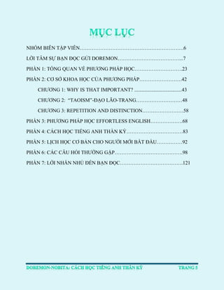 NHÓM BIÊN TẬP VIÊN…………………………………………………….6 
LỜI TÂM SỰ BẠN ĐỌC GỬI DOREMON………………………………...7 
PHẦN 1: TỔNG QUAN VỀ PHƯƠNG PHÁP HỌC……………………….23 
PHẦN 2: CƠ SỞ KHOA HỌC CỦA PHƯƠNG PHÁP…………………….42 
CHƯƠNG 1: WHY IS THAT IMPORTANT? .....................................43 
CHƯƠNG 2: “TAOISM”-ĐẠO LÃO-TRANG………………………48 
CHƯƠNG 3: REPETITION AND DISTINCTION……………………58 
PHẦN 3: PHƯƠNG PHÁP HỌC EFFORTLESS ENGLISH……………….68 
PHẦN 4: CÁCH HỌC TIẾNG ANH THẦN KỲ……………………………83 
PHẦN 5: LỊCH HỌC CƠ BẢN CHO NGƯỜI MỚI BẮT ĐẦU……………92 
PHẦN 6: CÁC CÂU HỎI THƯỜNG GẶP………………………………….98 
PHẦN 7: LỜI NHẮN NHỦ ĐẾN BẠN ĐỌC……………………………….121 
 