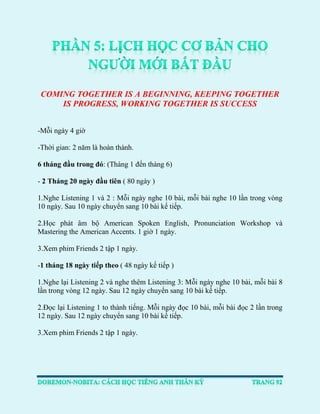COMING TOGETHER IS A BEGINNING, KEEPING TOGETHER IS PROGRESS, WORKING TOGETHER IS SUCCESS 
-Mỗi ngày 4 giờ 
-Thời gian: 2 năm là hoàn thành. 
6 tháng đầu trong đó: (Tháng 1 đến tháng 6) 
- 2 Tháng 20 ngày đầu tiên ( 80 ngày ) 
1.Nghe Listening 1 và 2 : Mỗi ngày nghe 10 bài, mỗi bài nghe 10 lần trong vòng 10 ngày. Sau 10 ngày chuyển sang 10 bài kế tiếp. 
2.Học phát âm bộ American Spoken English, Pronunciation Workshop và Mastering the American Accents. 1 giờ 1 ngày. 
3.Xem phim Friends 2 tập 1 ngày. 
-1 tháng 18 ngày tiếp theo ( 48 ngày kế tiếp ) 
1.Nghe lại Listening 2 và nghe thêm Listening 3: Mỗi ngày nghe 10 bài, mỗi bài 8 lần trong vòng 12 ngày. Sau 12 ngày chuyển sang 10 bài kế tiếp. 
2.Đọc lại Listening 1 to thành tiếng. Mỗi ngày đọc 10 bài, mỗi bài đọc 2 lần trong 12 ngày. Sau 12 ngày chuyển sang 10 bài kế tiếp. 
3.Xem phim Friends 2 tập 1 ngày. 
 