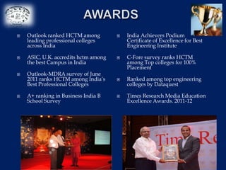    Outlook ranked HCTM among            India Achievers Podium
    leading professional colleges         Certificate of Excellence for Best
    across India                          Engineering Institute

   ASIC, U.K. accredits hctm among      C-Fore survey ranks HCTM
    the best Campus in India              among Top colleges for 100%
                                          Placement
   Outlook-MDRA survey of June
    2011 ranks HCTM among India’s        Ranked among top engineering
    Best Professional Colleges            colleges by Dataquest

   A+ ranking in Business India B       Times Research Media Education
    School Survey                         Excellence Awards. 2011-12
 