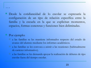 23
…
 Desde la cotidianeidad de lo escolar se expresaría la
configuración de un tipo de relación específica entre la
familia y la escuela en la que se explicitan momentos,
espacios, formas concretas y funciones bien delimitadas.
 Por ejemplo:
 a las familias se les mantiene informados respecto del estado de
avance del alumno mediante los informes académicos.
 a las familias se les convoca a asistir a las reuniones (habitualmente
de carácter informativo).
 a las familias se les demanda apoyar la realización de deberes de tipo
escolar fuera del tiempo escolar.
 