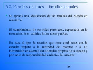 24
5.2. Familias de antes - familias actuales
 Se aprecia una idealización de las familias del pasado en
relación a:
 El cumplimiento de sus roles parentales, expresados en la
formación ético-valórica de los niños y niñas.
 En base al tipo de relación que éstas establecían con la
escuela: respeto a la autoridad del maestro y la no
intromisión en asuntos considerados propios de la escuela y
por tanto de responsabilidad exclusiva del maestro.
 
