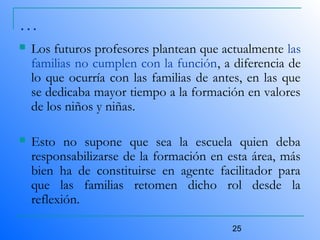 25
…
 Los futuros profesores plantean que actualmente las
familias no cumplen con la función, a diferencia de
lo que ocurría con las familias de antes, en las que
se dedicaba mayor tiempo a la formación en valores
de los niños y niñas.
 Esto no supone que sea la escuela quien deba
responsabilizarse de la formación en esta área, más
bien ha de constituirse en agente facilitador para
que las familias retomen dicho rol desde la
reflexión.
 
