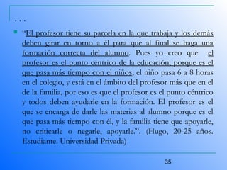 35
…
 “El profesor tiene su parcela en la que trabaja y los demás
deben girar en torno a él para que al final se haga una
formación correcta del alumno. Pues yo creo que el
profesor es el punto céntrico de la educación, porque es el
que pasa más tiempo con el niños, el niño pasa 6 a 8 horas
en el colegio, y está en el ámbito del profesor más que en el
de la familia, por eso es que el profesor es el punto céntrico
y todos deben ayudarle en la formación. El profesor es el
que se encarga de darle las materias al alumno porque es el
que pasa más tiempo con él, y la familia tiene que apoyarle,
no criticarle o negarle, apoyarle.”. (Hugo, 20-25 años.
Estudiante. Universidad Privada)
 
