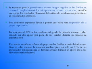 41
 Se reconoce pues la preeminencia de una imagen negativa de las familias en
cuanto al cumplimiento de los roles parentales en materia educativa, situación
que apoya los resultados obtenidos del análisis de los discursos presentados
en los apartados anteriores.
 Los elementos expuestos llevan a pensar que existe una suspensión de la
propia experiencia:
 Por una parte el 58% de los estudiantes de grado de primaria sostienen haber
recibido un alto apoyo por parte de sus familias durante su proceso de
escolarización
 En cambio, cuando se refieren al apoyo que las familias actuales brindan a sus
hijos en edad escolar, la situación cambia, pues tan solo un 11% de los
encuestados consideran que las familias actuales brindan un apoyo alto a sus
hijos en materia educativa.
 